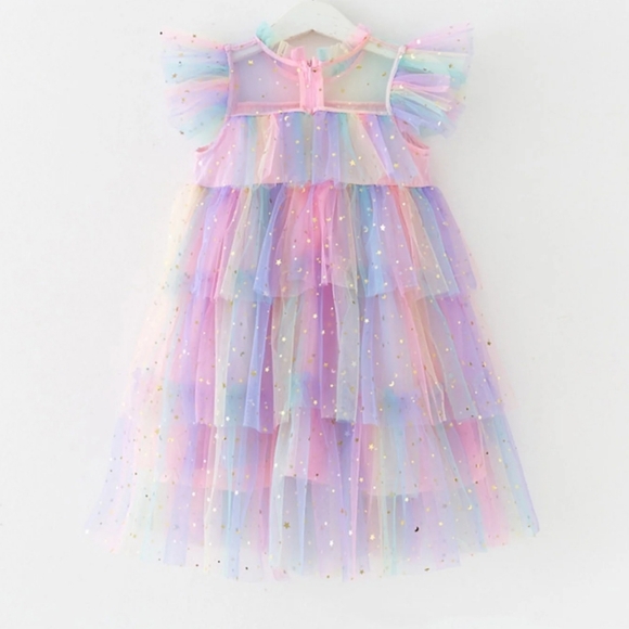 Boutique Brand Other - Rainbow Ruffle Tulle Dress W/ Sparkly Stars/Moons